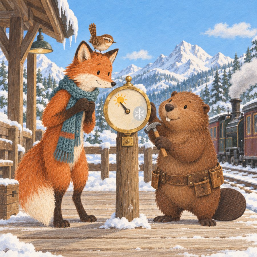 On the station platform the beaver taps a new brass weather glass; its hand points at the sun. The fox and the wren look on.