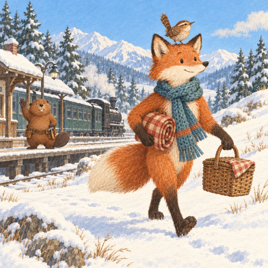 The fox sets off across the sunny snow with a picnic basket and a rolled blanket, the wren on his head; far behind, the beaver waves.