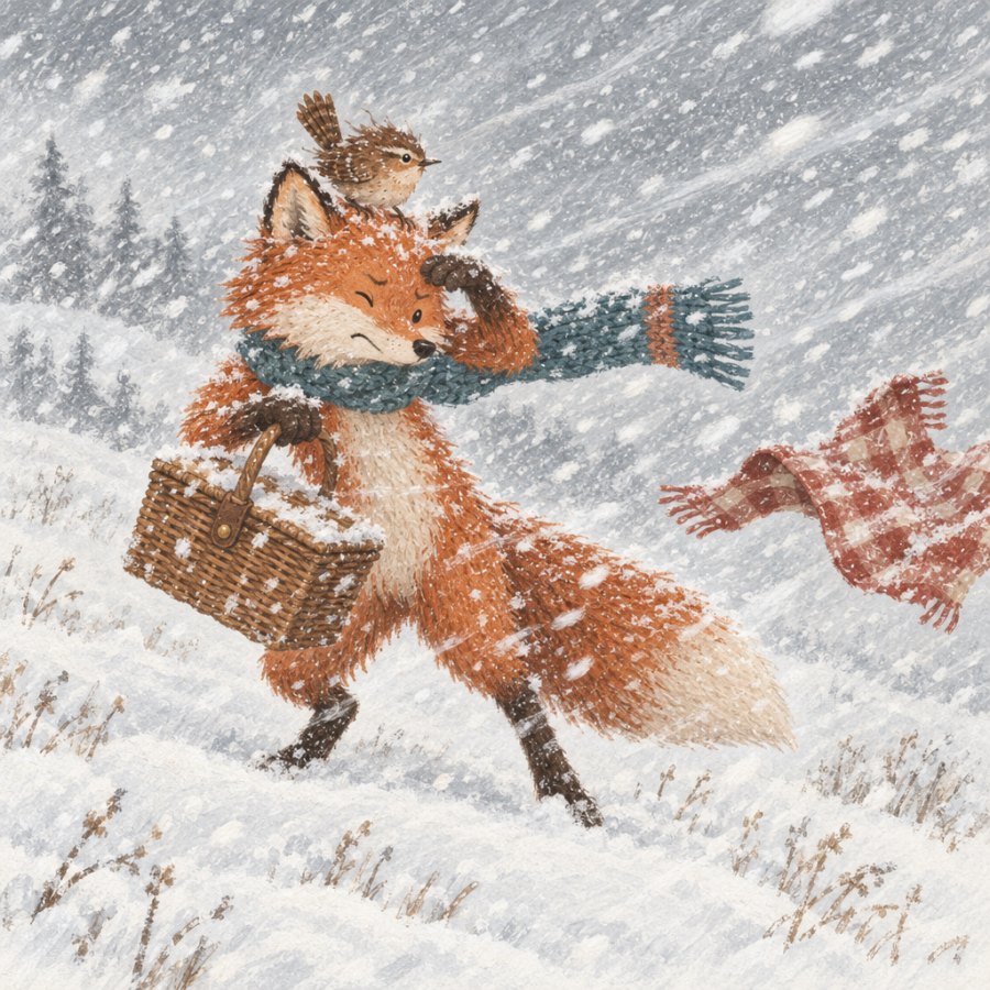 A sudden snowstorm: the fox staggers, his scarf blown sideways, the picnic blanket flying away; the wren clings to his head.