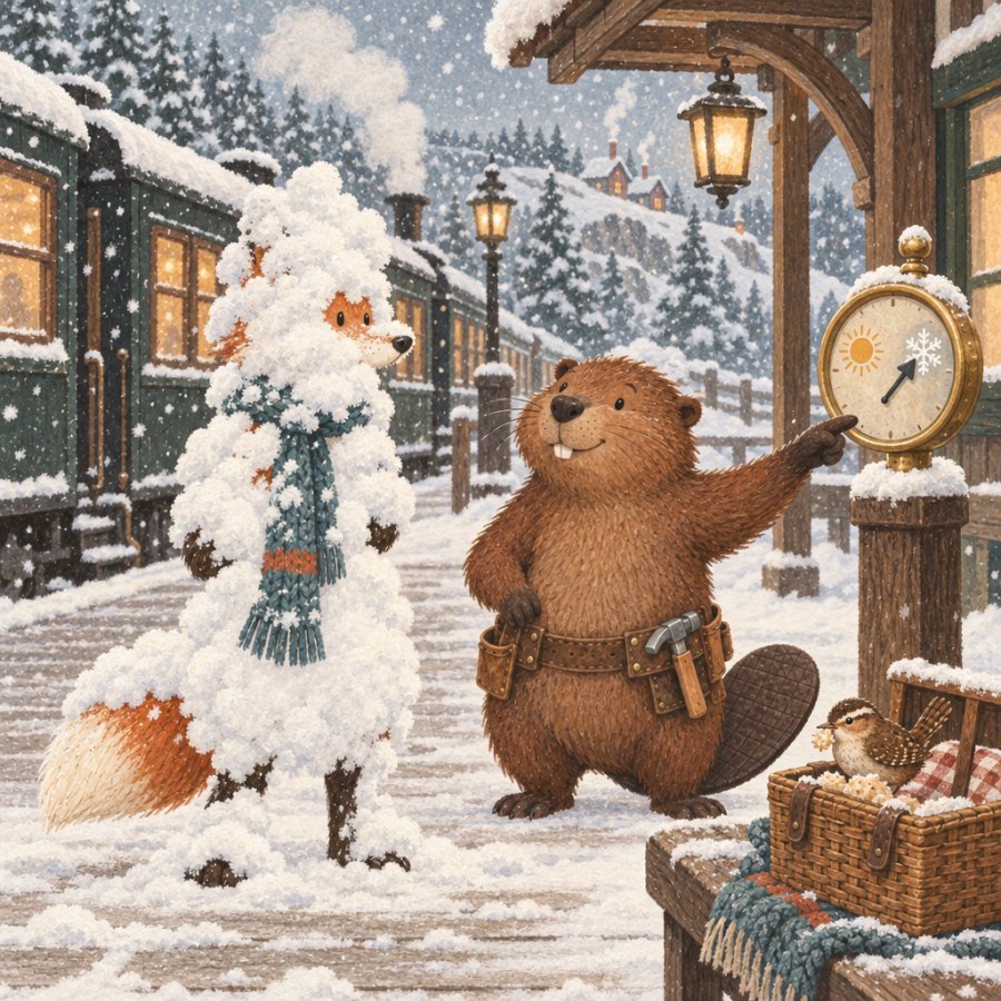 Back at the station the fox is covered in snow like a snowman. The beaver points at the weather glass, now showing a snowflake. The wren eats from the picnic basket.
