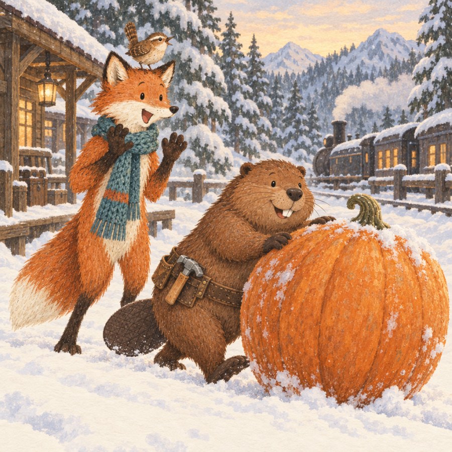 By the snowy station the beaver pushes an enormous pumpkin through the snow. The fox, with the wren on his head, throws up his paws in amazement.