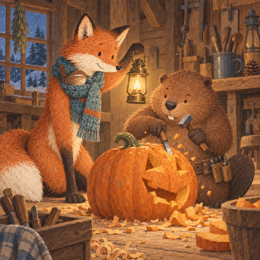 In a cosy workshop the beaver carves a face into the pumpkin with chisel and hammer. The fox holds up his lantern; the wren sleeps tucked into the fox's scarf.