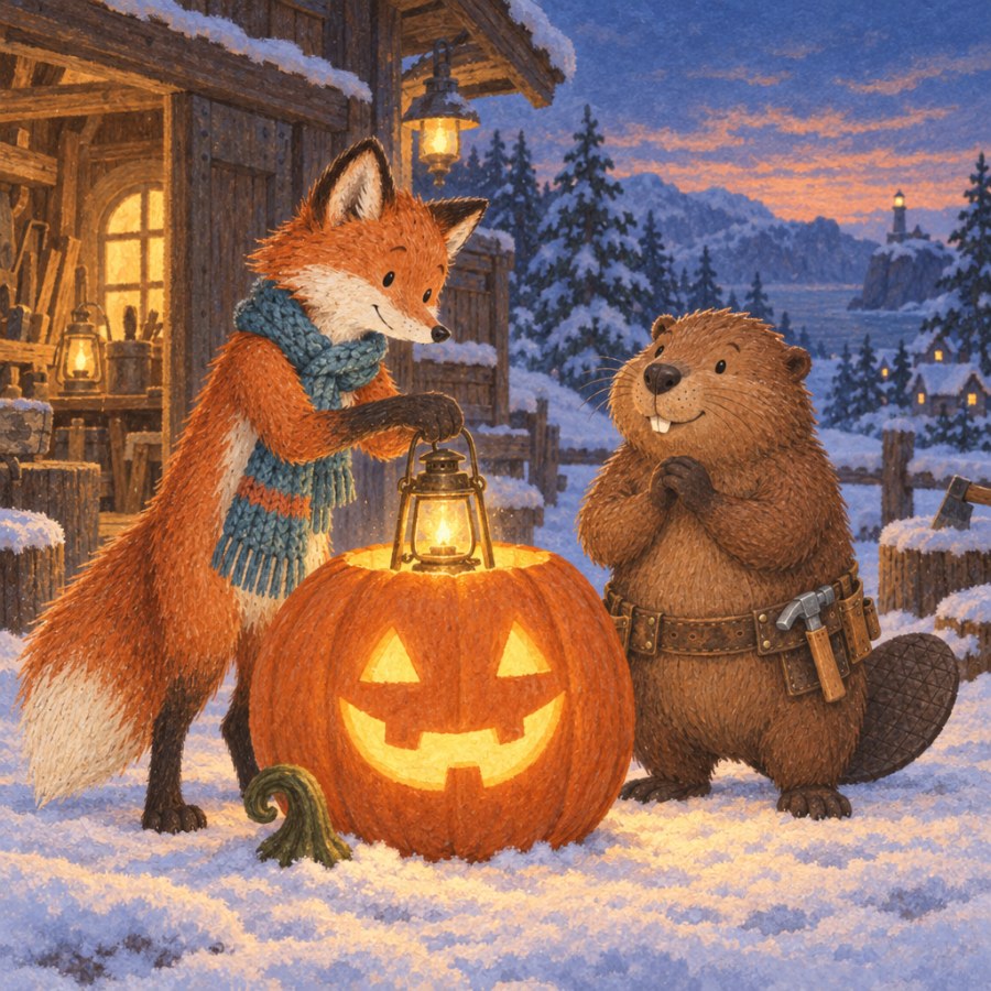 Blue dusk on the snow: the fox lowers his lantern into the pumpkin, and its carved grin glows golden. The beaver watches, very pleased.