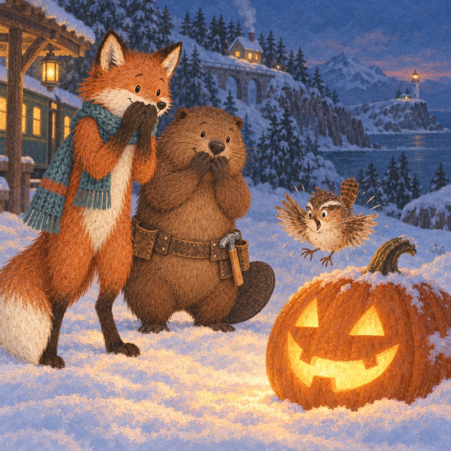 The wren hovers in front of the glowing pumpkin face, every feather puffed up in fright. Behind it the fox and the beaver hold their paws over their mouths, trying not to laugh.