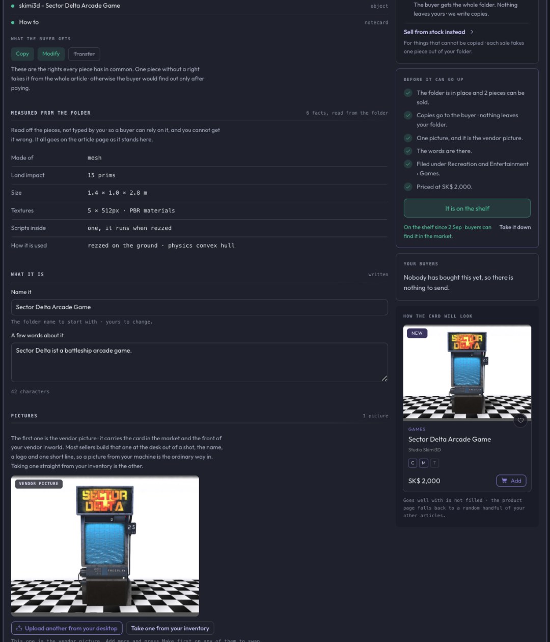 One open article card in the seller area, from top to bottom