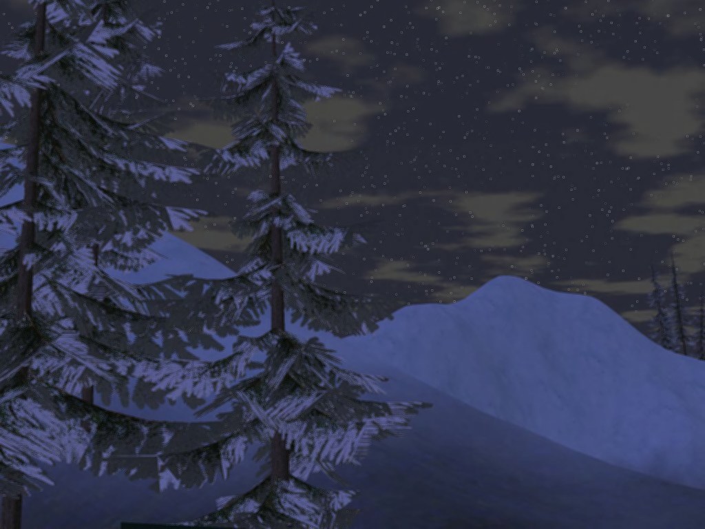 Snow-laden pines against a night sky over a moonlit ridge.