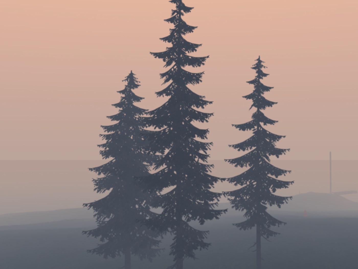 Three pine silhouettes standing in ground fog under a dusky pink sky.